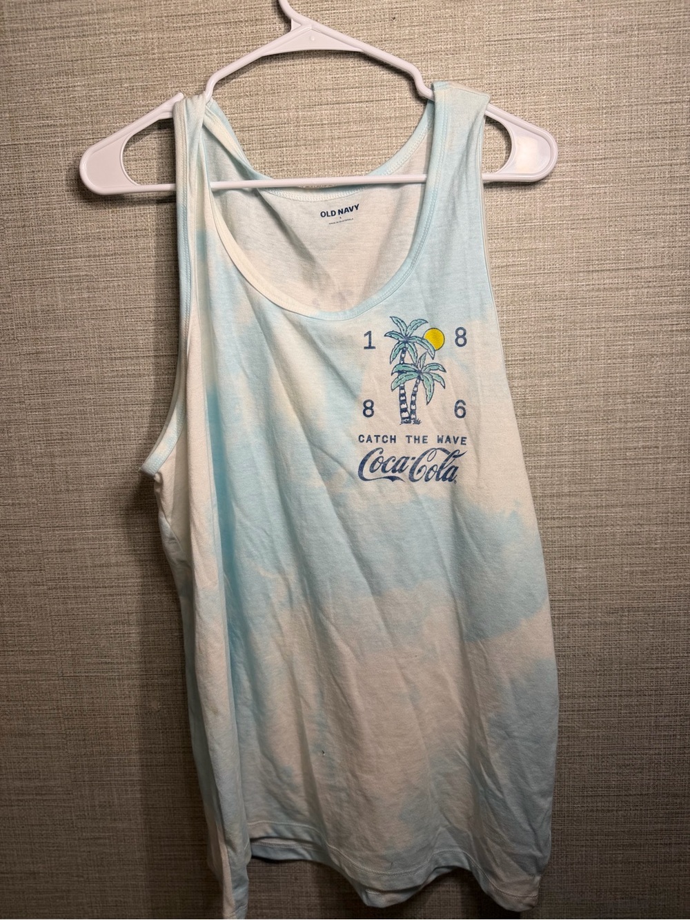 Old Navy Light Blue and White Tie-Dye Coca-Cola Palm Tank